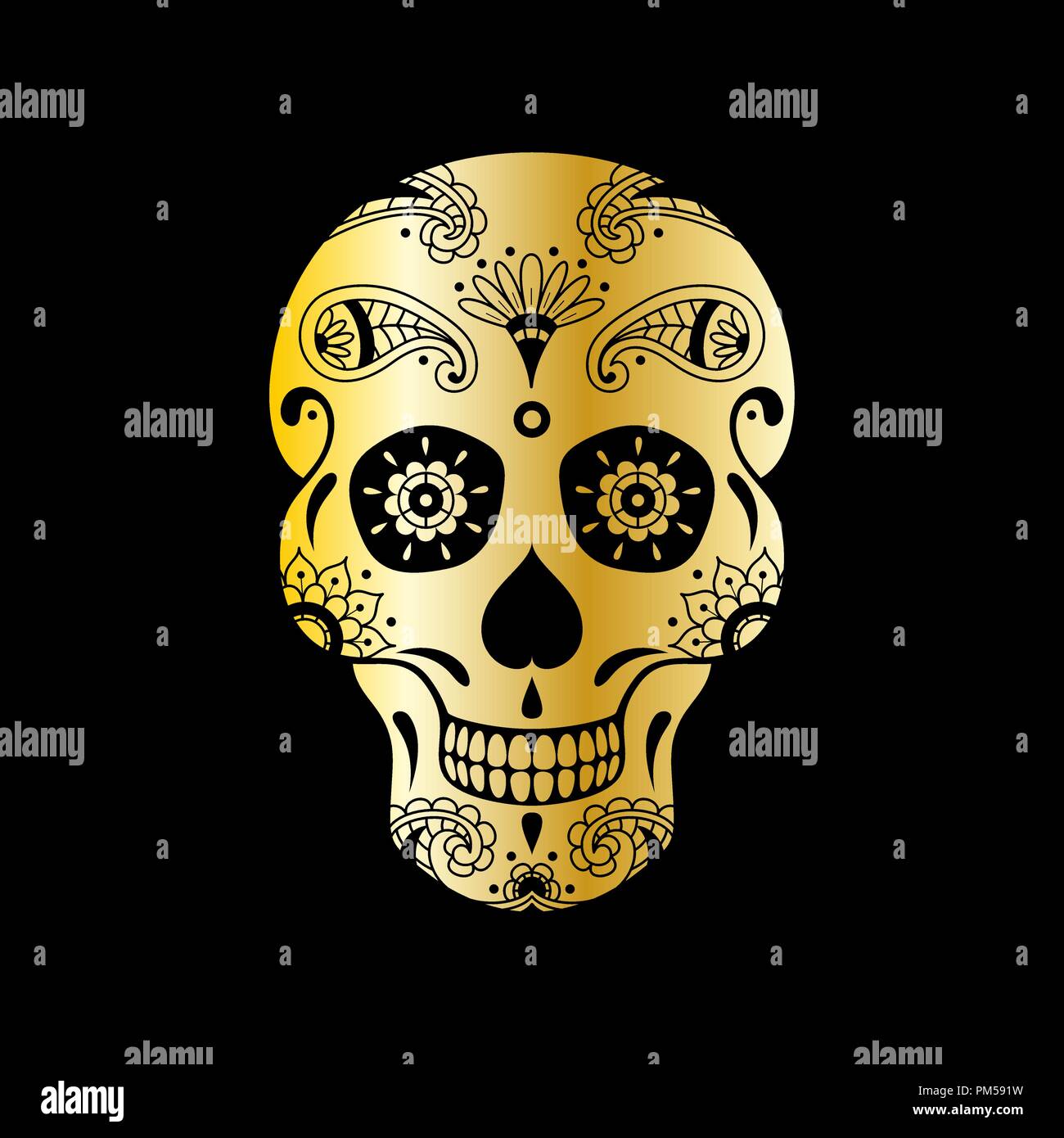 Vettore di zucchero d'oro cranio con motivo floreale su sfondo nero. Illustrazione di lusso di zucchero teschio messicano per il giorno dei morti la celebrazione Festival Illustrazione Vettoriale