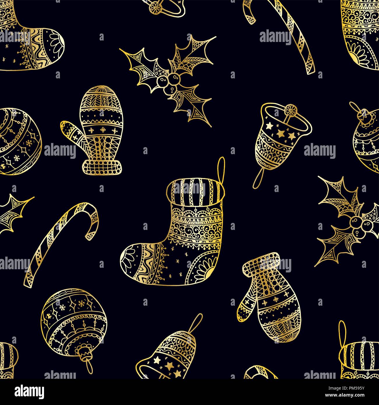 Vector seamless pattern del golden Natale simboli decorativi su sfondo scuro - candy cane, albero palla, mitten, calza, agrifoglio, campana di natale. Golden Illustrazione Vettoriale