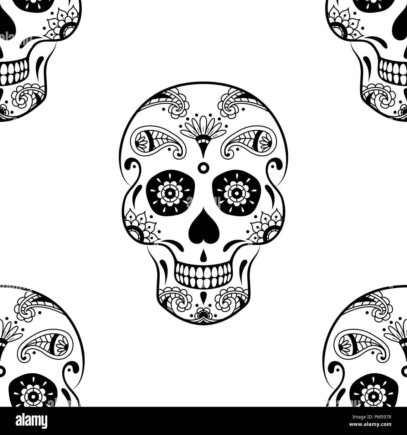 Vector seamless pattern di zucchero nero cranio con doodle motivo floreale su sfondo bianco. Pagina di colorazione libro messicano per il Giorno dei Morti Illustrazione Vettoriale