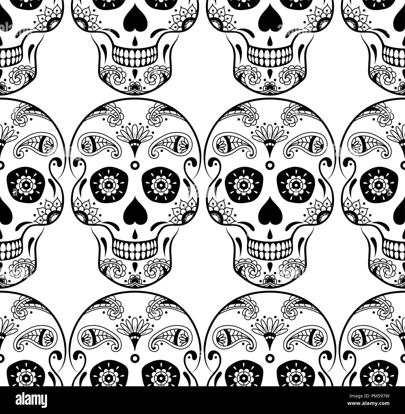Vector seamless pattern di zucchero nero cranio con doodle motivo floreale su sfondo bianco. Pagina di colorazione libro messicano per il Giorno dei Morti Illustrazione Vettoriale