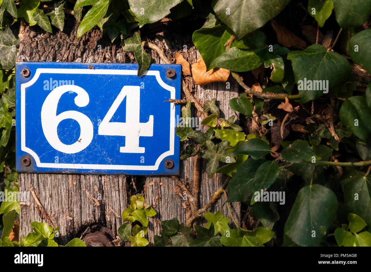 Un stile francese di metallo numero di casa. Il numero 64. Foto Stock