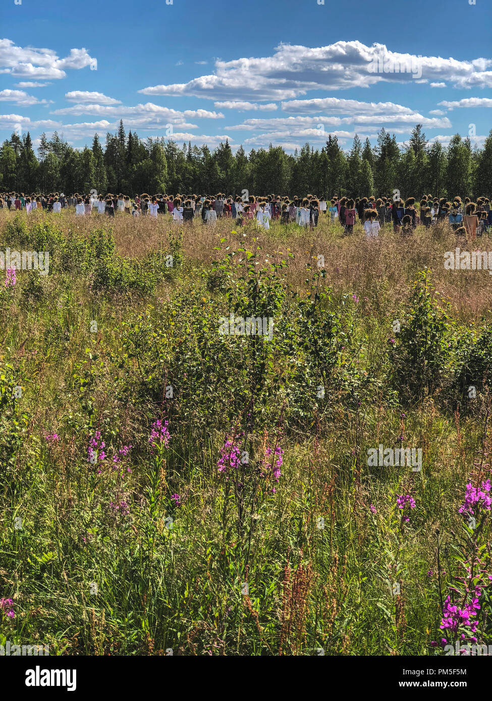SUOMUSSALMI, Finlandia - 10 luglio 2018: popolo silenzioso è opera dell artista Reijo Kela ha. Questo lavoro comprende circa mille spaventapasseri. Popolo silenzioso mov Foto Stock