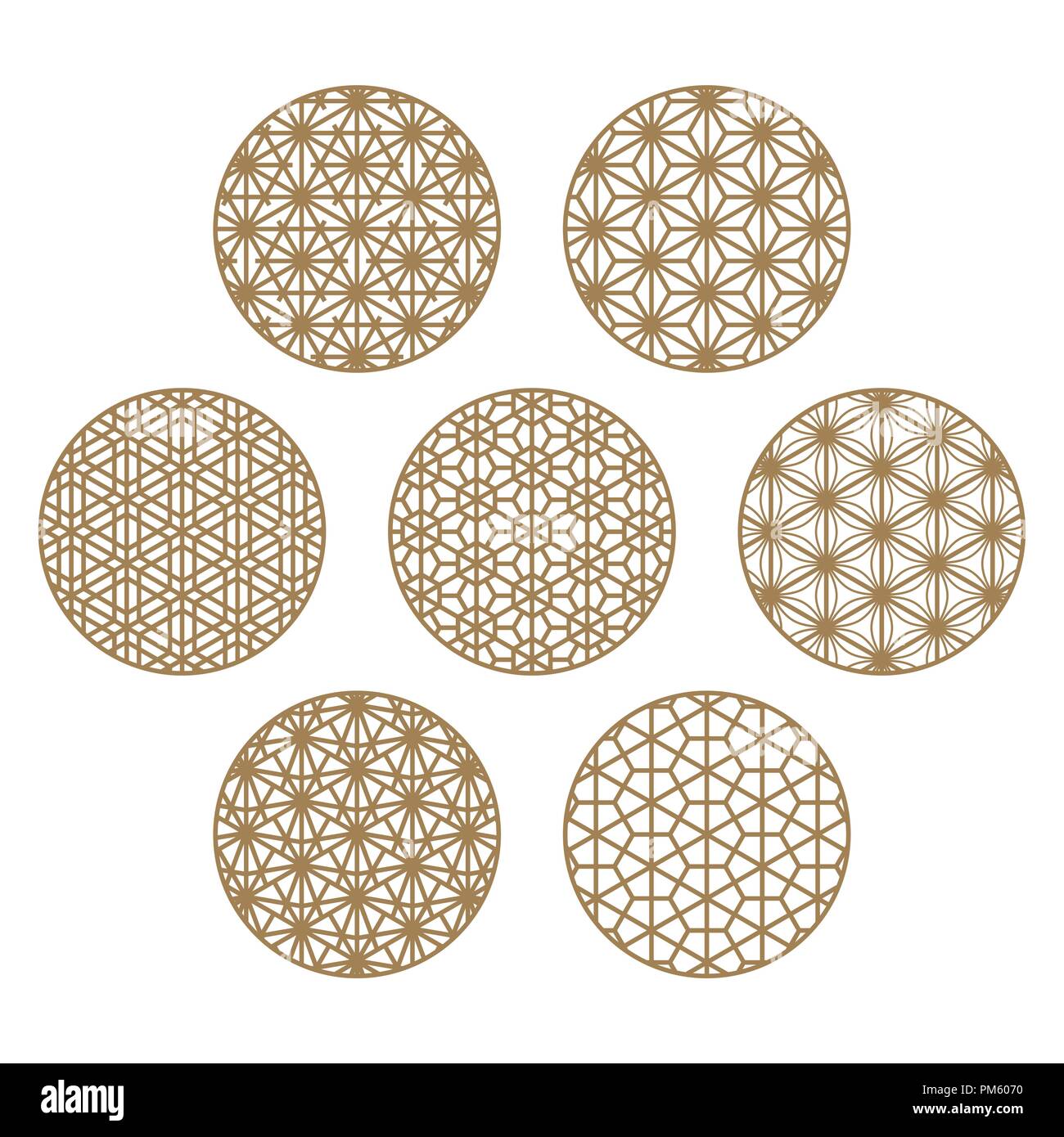 Set di sette tradizionali ornamenti giapponese Kumiko in forma di sfere.adatto per il taglio laser.Elementi di design. Illustrazione Vettoriale