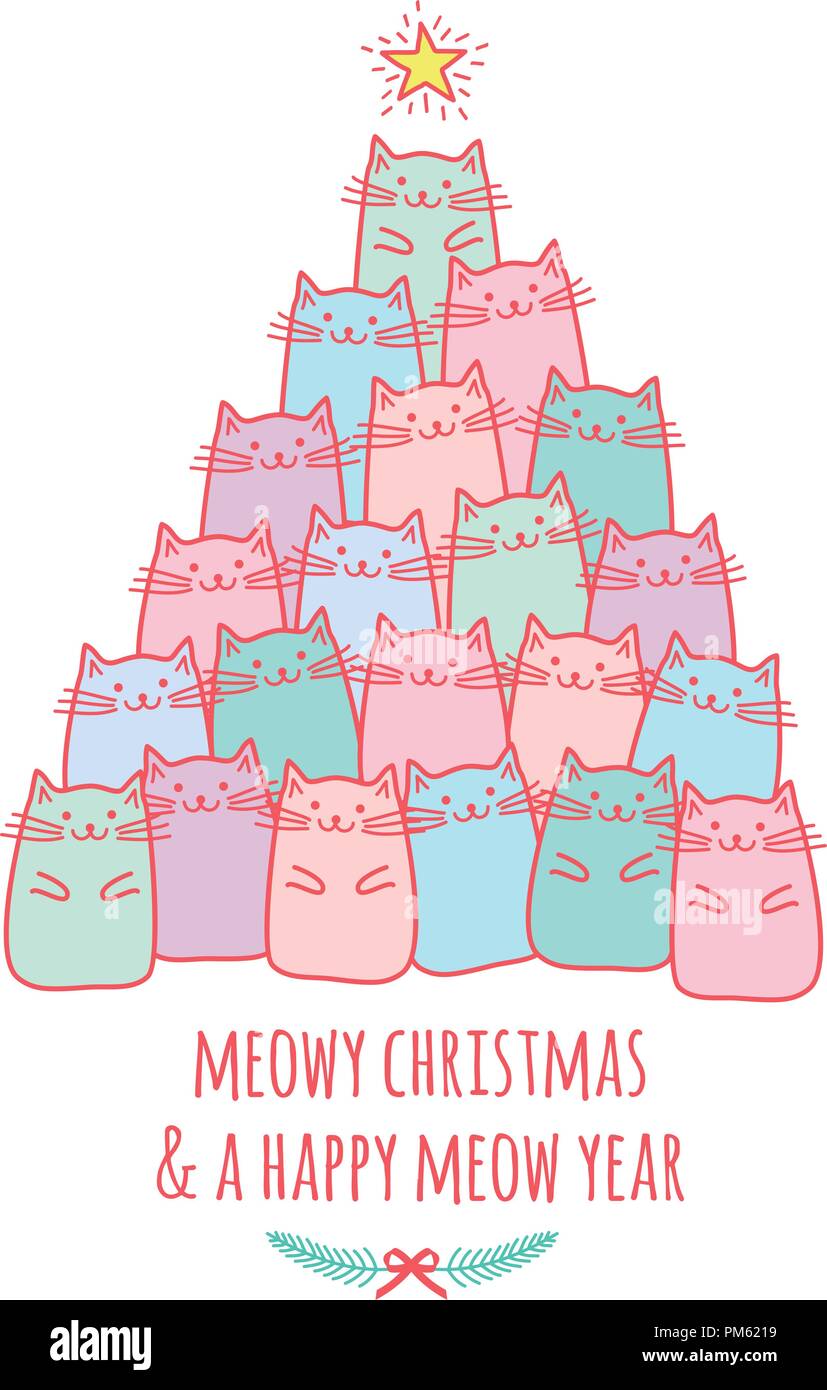 Scheda di Natale con cute kawaii gatti, meowy Christmas, vettore doodle disegno Illustrazione Vettoriale