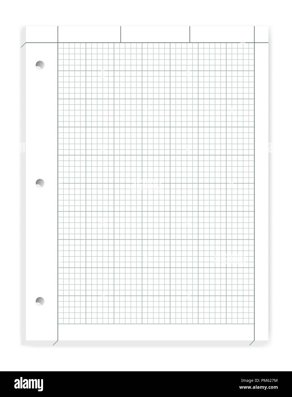 Fori di riempimento per carta 3 ring binder, vettore mockup. Calcolo di ingegneria allentato notebook in foglia del quad governata fogli isolato su bianco backgro Illustrazione Vettoriale