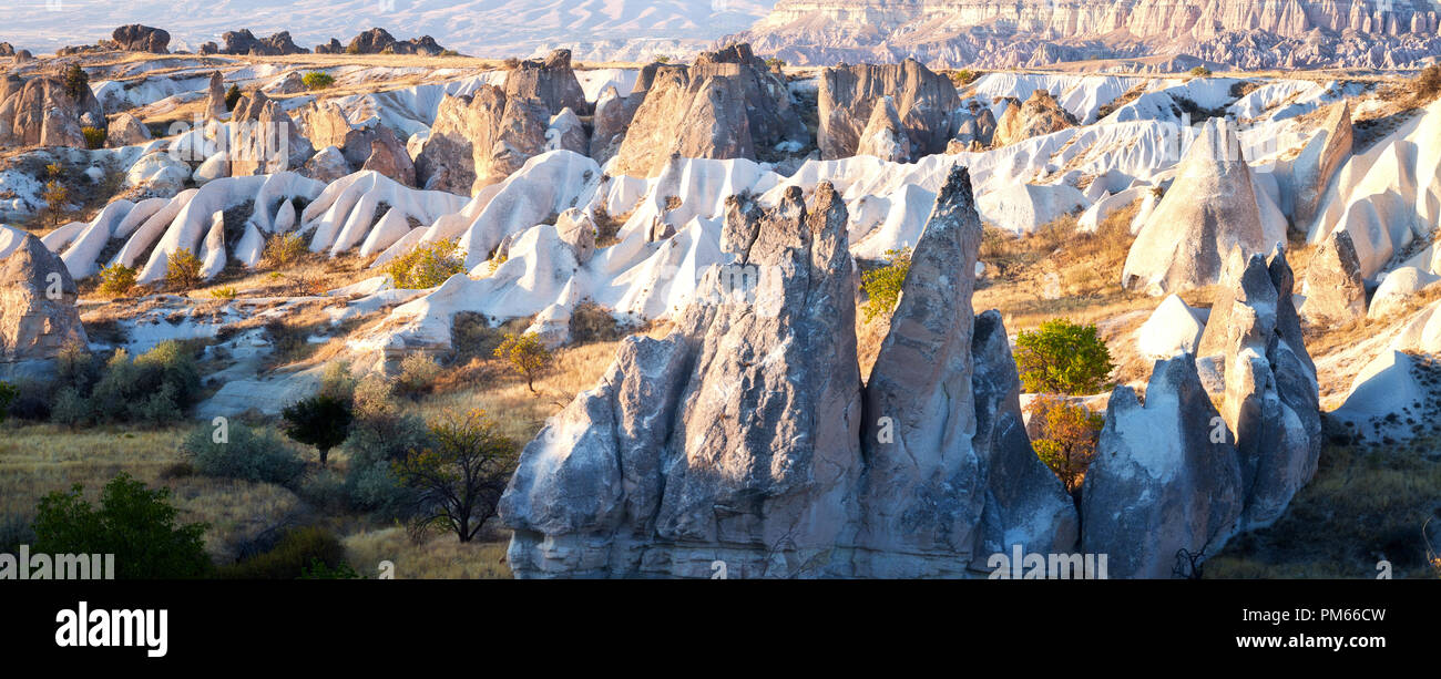 Cappadocia, una regione semi-arida centrale in Turchia, è noto per il suo caratteristico Camini di Fata Foto Stock