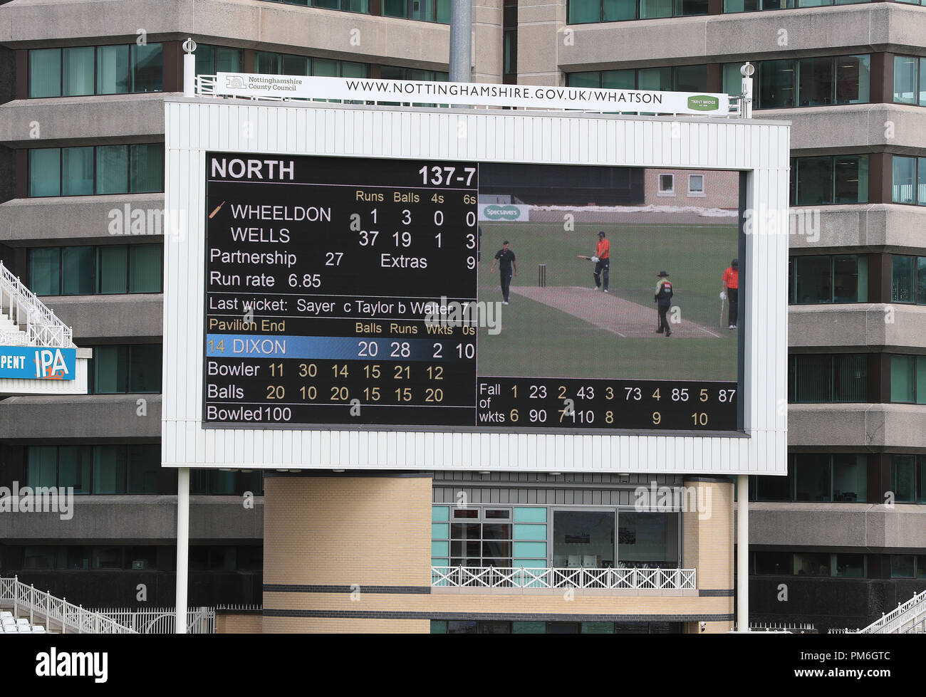 Dettaglio del quadro di valutazione dopo il primo team di pipistrelli durante la 100 prova a sfera corrispondono a Trent Bridge, Nottingham. Foto Stock