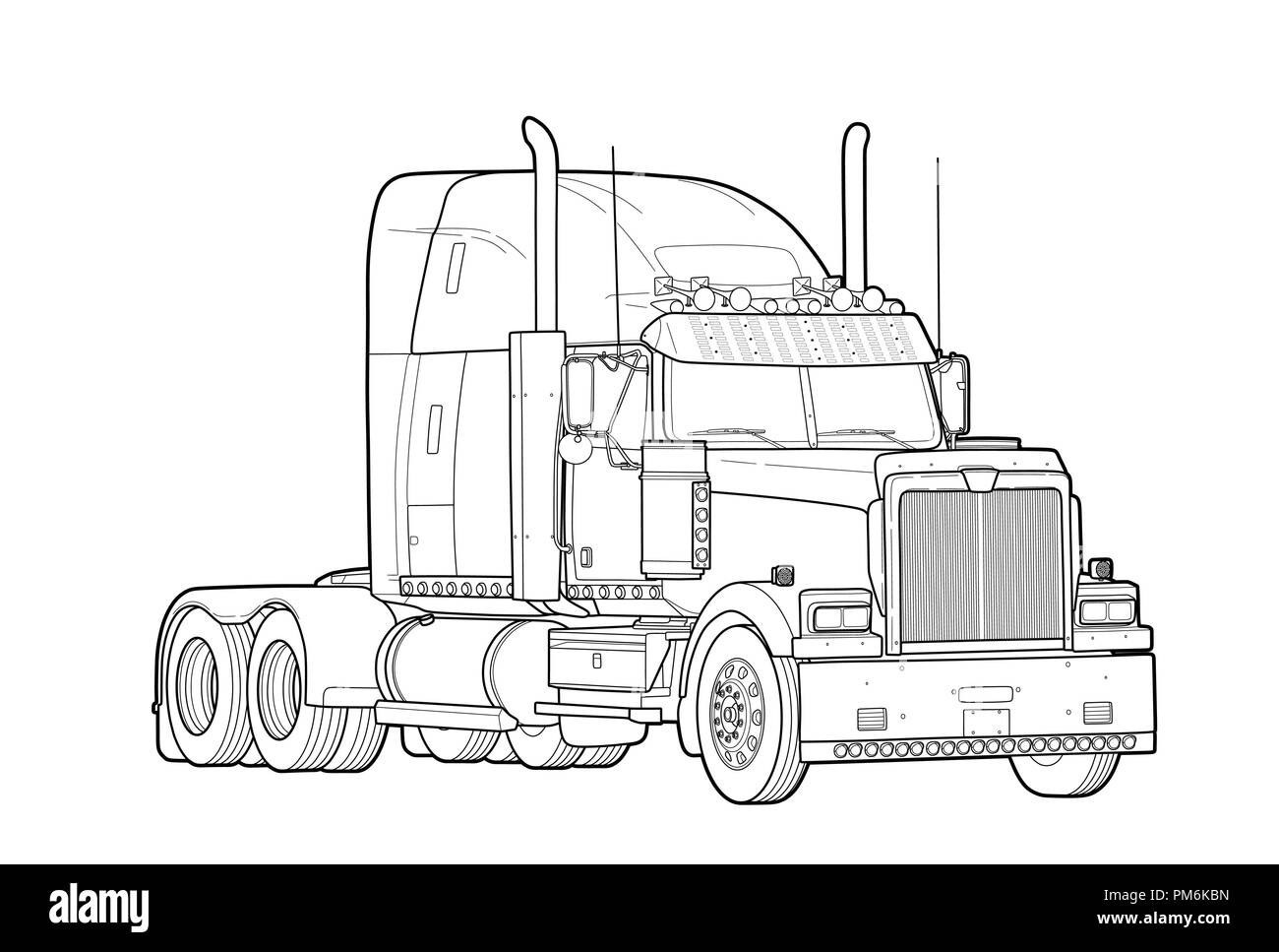 American camion con rimorchio in bianco e nero sketch Illustrazione Vettoriale