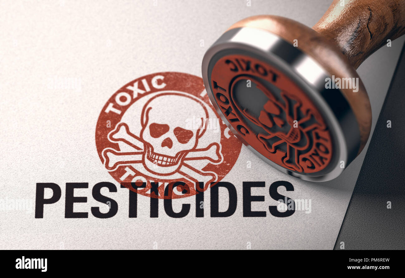 3d illustrazione di un timbro di gomma con un teschio silhouette e le parole tossiche e pesticidi stampata su carta di sfondo. Concetto di prodotti chimici toxicit Foto Stock