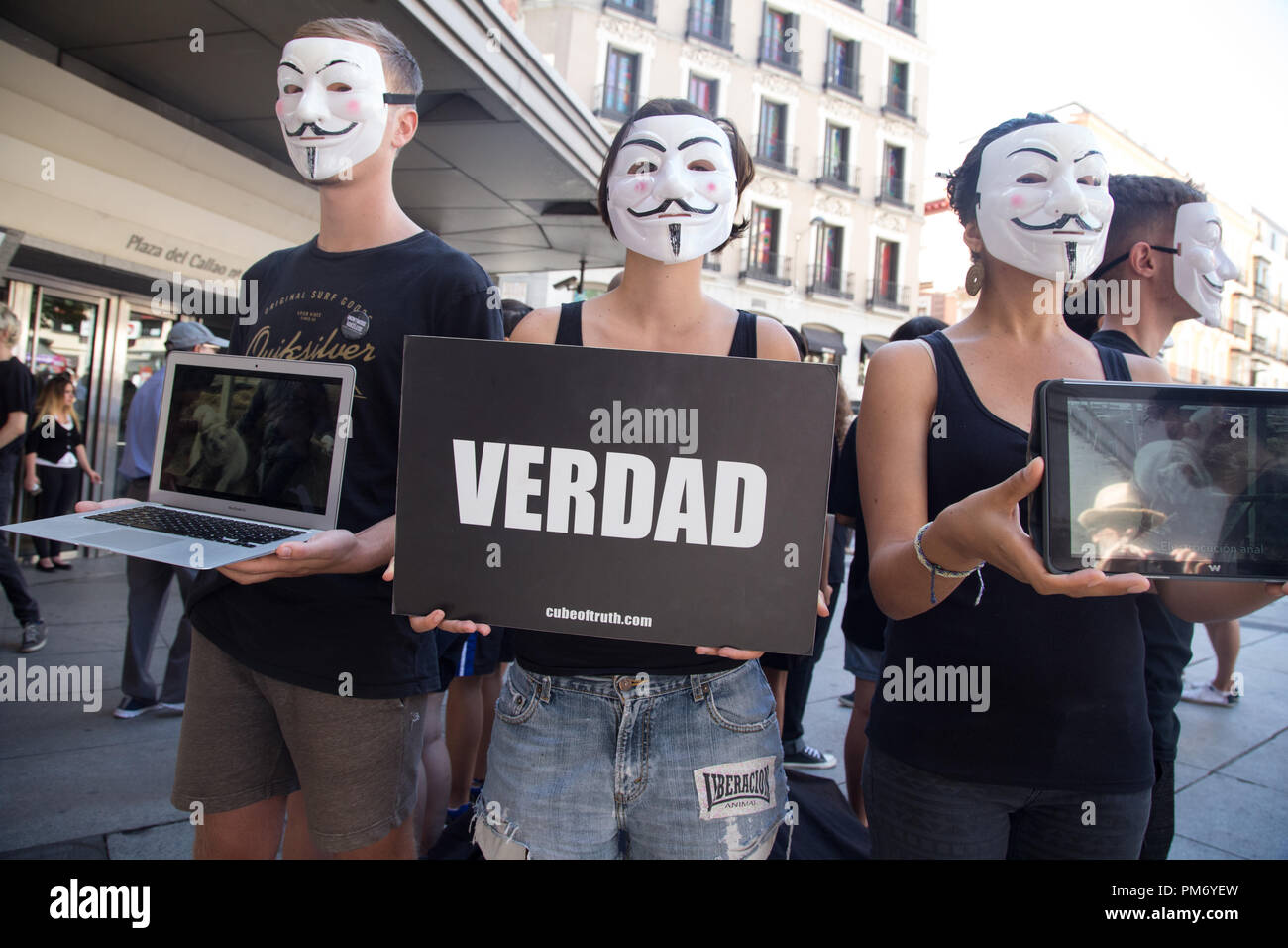 Attivista con maschere anonimo visto tenendo un cartello che dice la verità, durante una manifestazione di protesta presso il Plaza de Callao. La protesta è stata organizzata dall'organizzazione vegano anonimo per i senza voce e ha preso la forma di un sistema ad elevate prestazioni progettato per creare consapevolezza circa la crudeltà verso gli animali e i benefici agli animali di il veganismo. Foto Stock