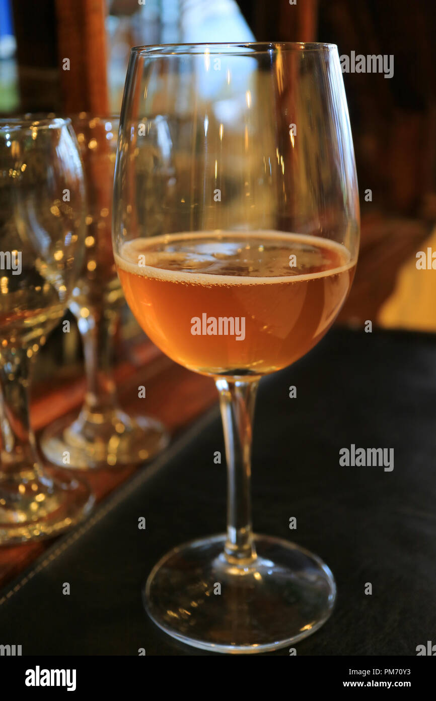Foto verticale di un vetro di colore giallo ambra refrigerate birra artigianale sul tavolo da pranzo Foto Stock
