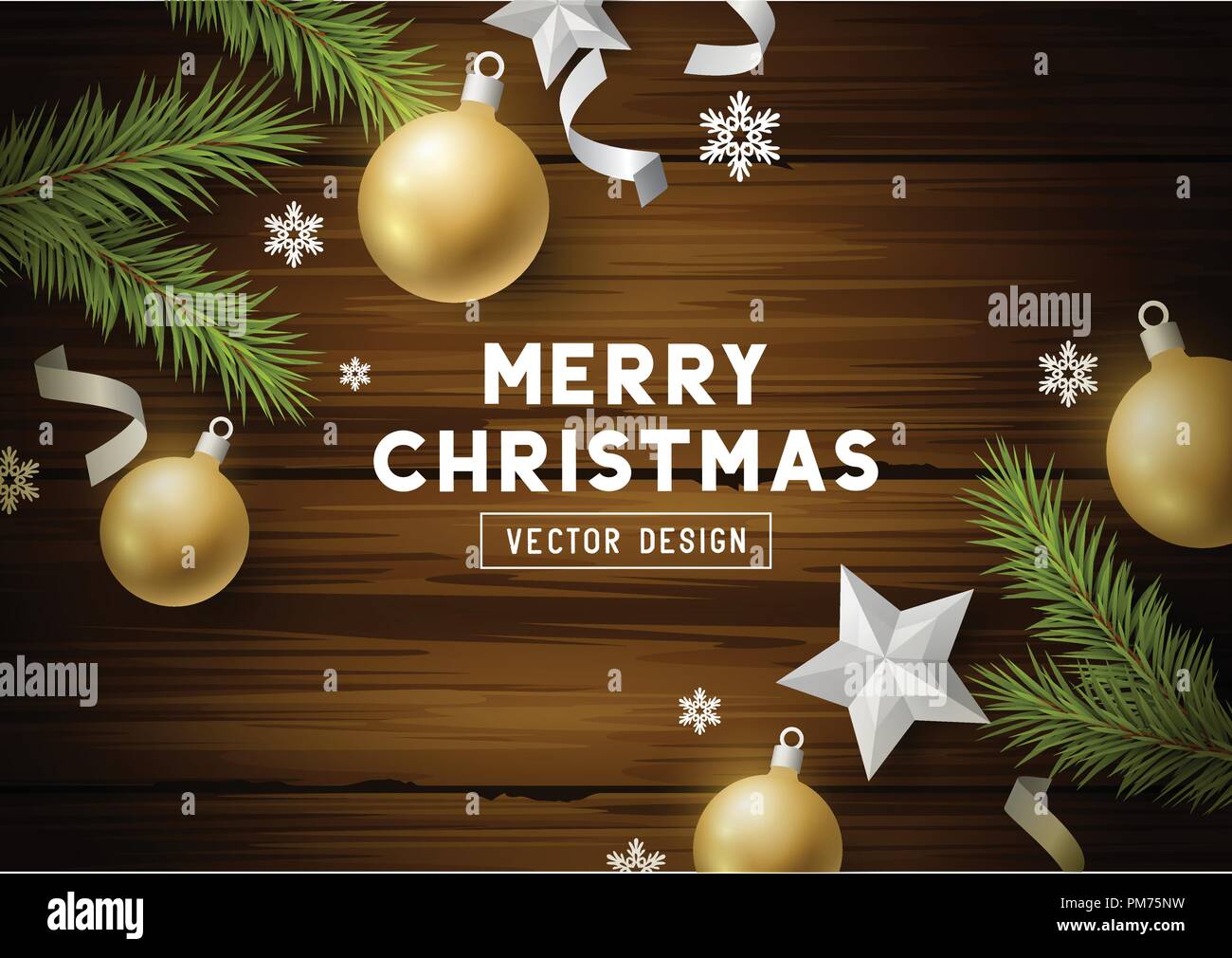 Festa di Natale il design dello sfondo con decorazioni di Natale e baubles su un annata sullo sfondo di legno. Illustrazione Vettoriale. Illustrazione Vettoriale