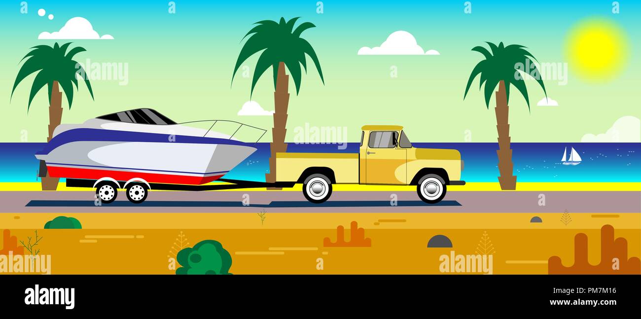 Auto con una barca su un rimorchio Illustrazione Vettoriale