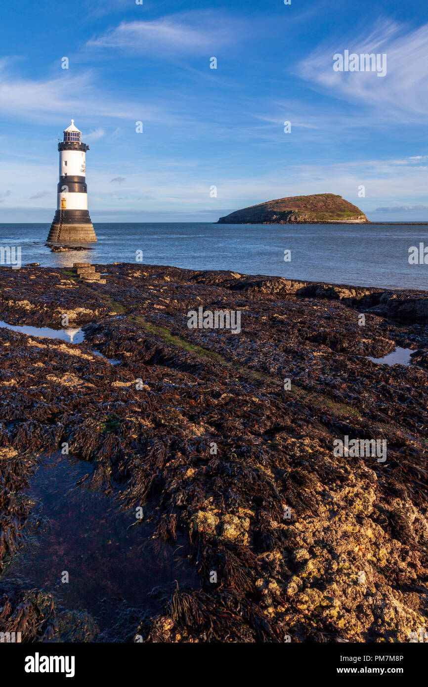 Il faro di Penmon (Trwyn Du) e l'isola di Puffin sullo stretto di Menai, Anglesey, Galles Foto Stock