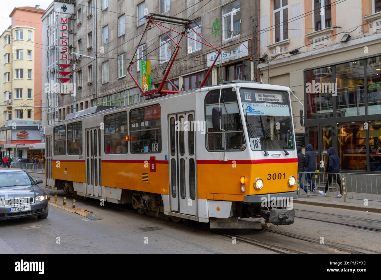 Un percorso 18 Sofia la mobilità urbana centro in tram in Sofia, Bulgaria. Foto Stock