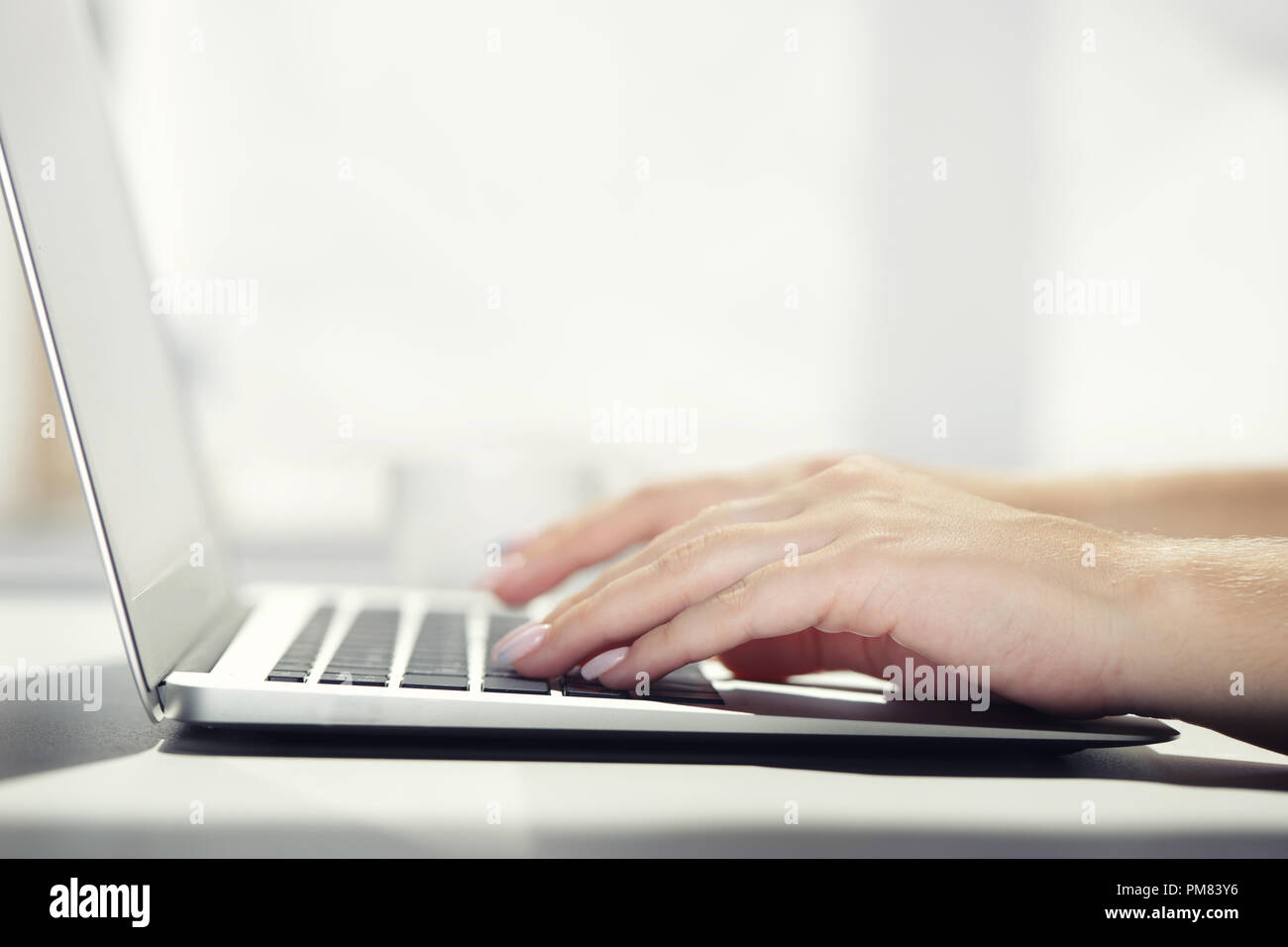 Imprenditrice digitando su laptop al lavoro donna che lavorano in ufficio a casa la tastiera a mano Foto Stock