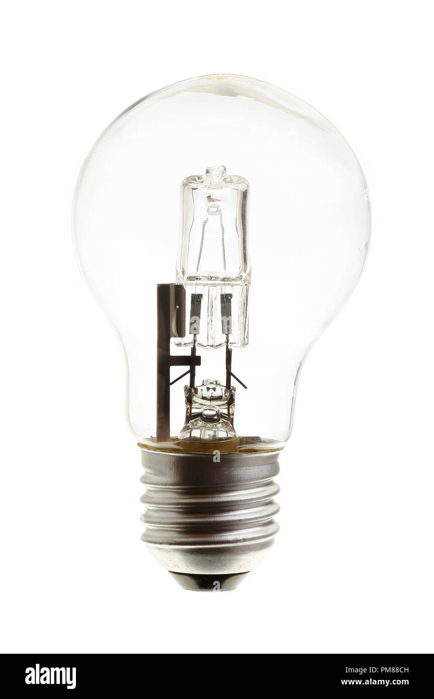 Moderna sorgente di luce, un alogeno lampadina isolati su sfondo bianco. Foto Stock