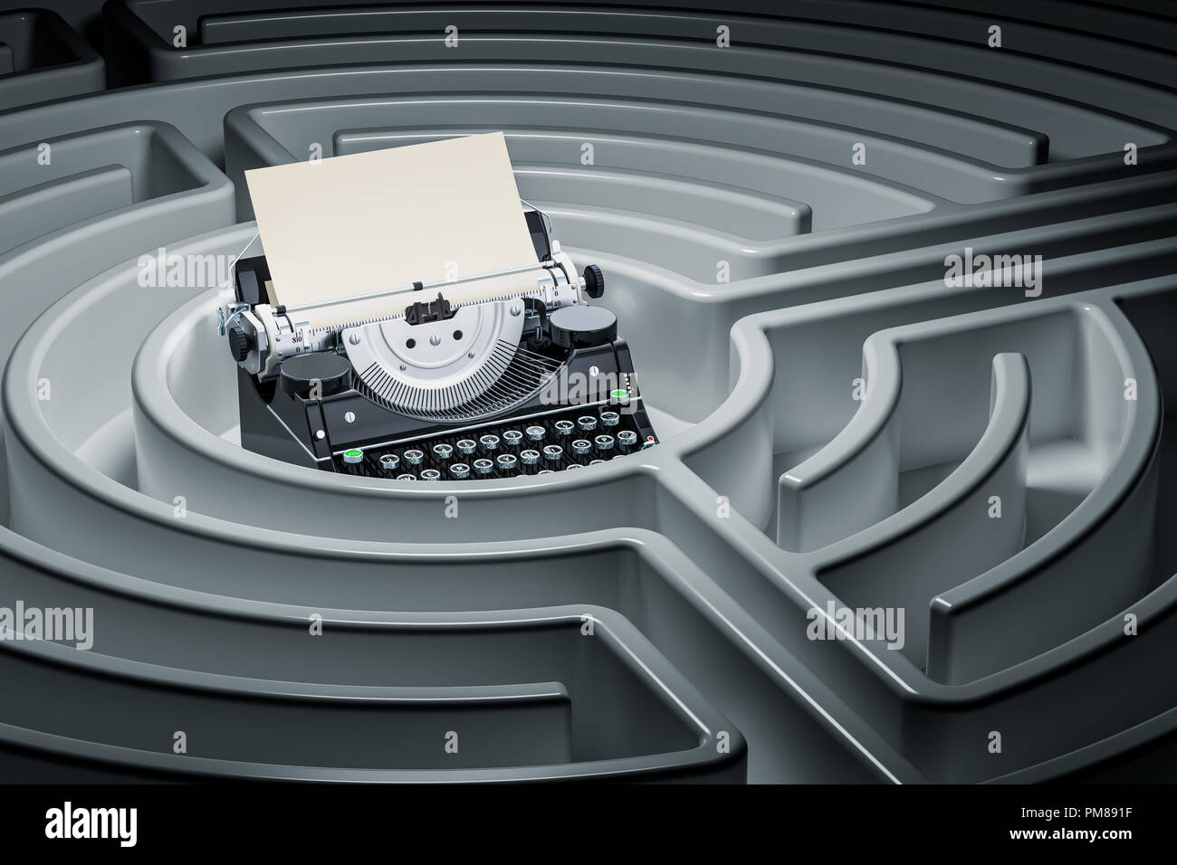 Come scrivere un libro, un concetto di soluzione. Nastri inchiostratori per macchine da scrivere all'interno di labirinto. Il rendering 3D Foto Stock Come scrivere un libro, un concetto di soluzione. Nastri inchiostratori per macchine da scrivere all'interno di labirinto. Il rendering 3D Foto Stock