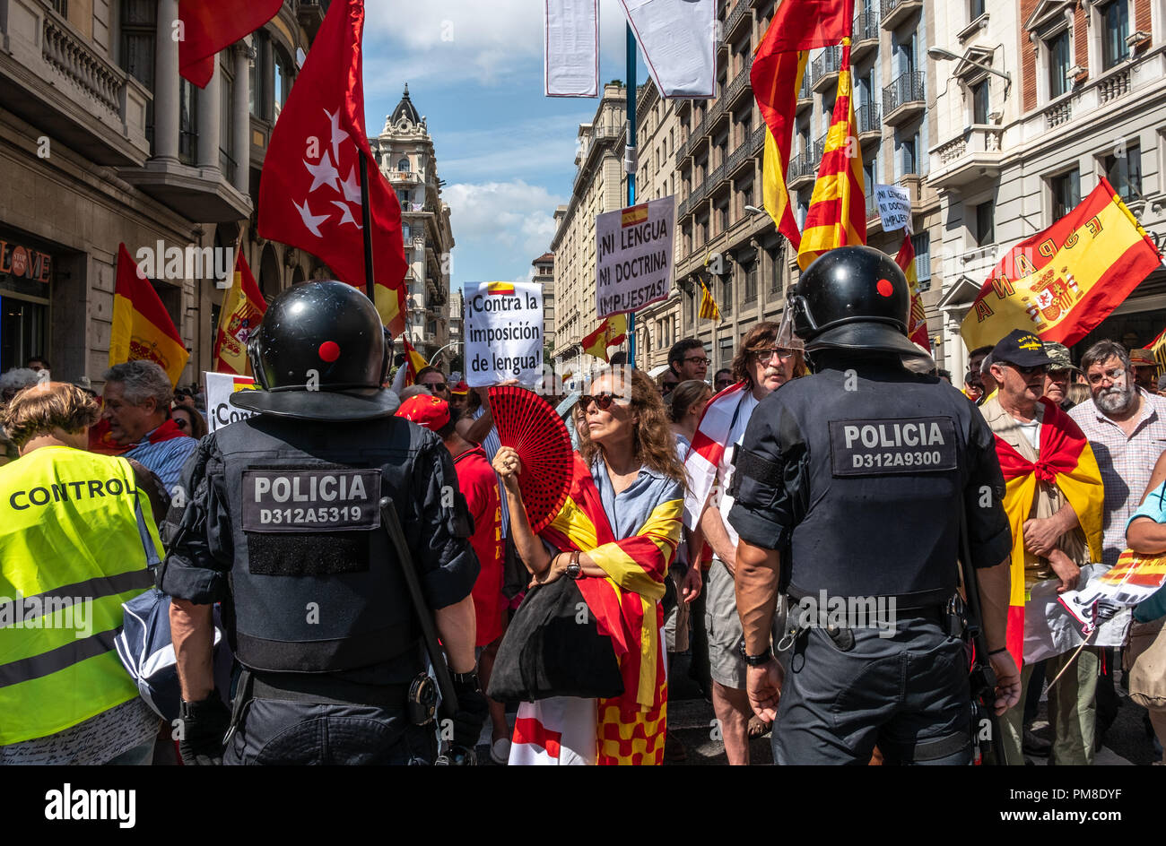 La polizia del Mossos d'esquadra sono visto che bloccano il passaggio per i nazionalisti spagnoli durante la protesta. Più di 1.500 persone chiamato dagli enti a favore della lingua spagnola hanno marciato attraverso il centro di Barcellona per protestare contro l'imposizione della lingua catalana in spagnolo. Alla fine della dimostrazione, gruppi di nazionalisti spagnoli e catalani hanno sovereignists stato affrontato sotto la vigilanza della polizia catalana. Foto Stock