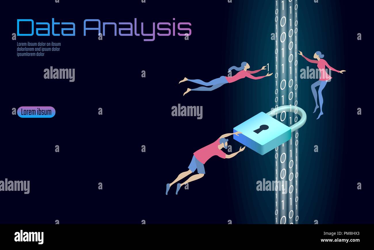 Proteggere i dati di elaborazione di analisi il concetto di business. Informazioni personali sicurezza cartoon isometrica lucchetto codice binario di flusso. Persone lavoro uomo problem solving. Banner Web sfondo illustrazione vettoriale Illustrazione Vettoriale
