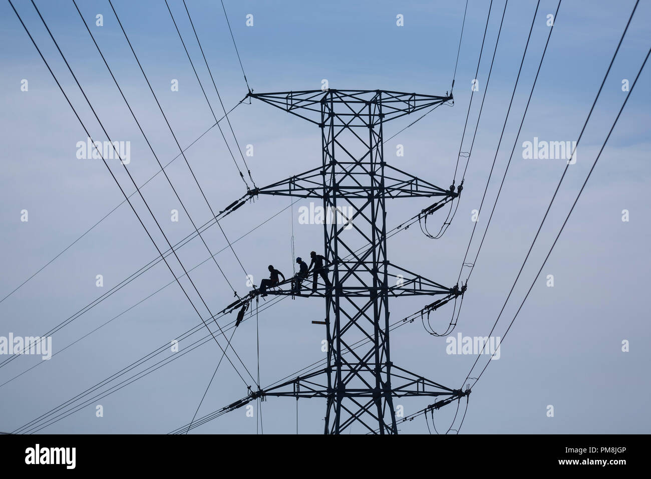I lavoratori gestiscono nuovi cavi per i piloni sulla rete nazionale di approvvigionamento di elettricità a Pinetown, Sudafrica, 1 agosto 2018. Foto Stock
