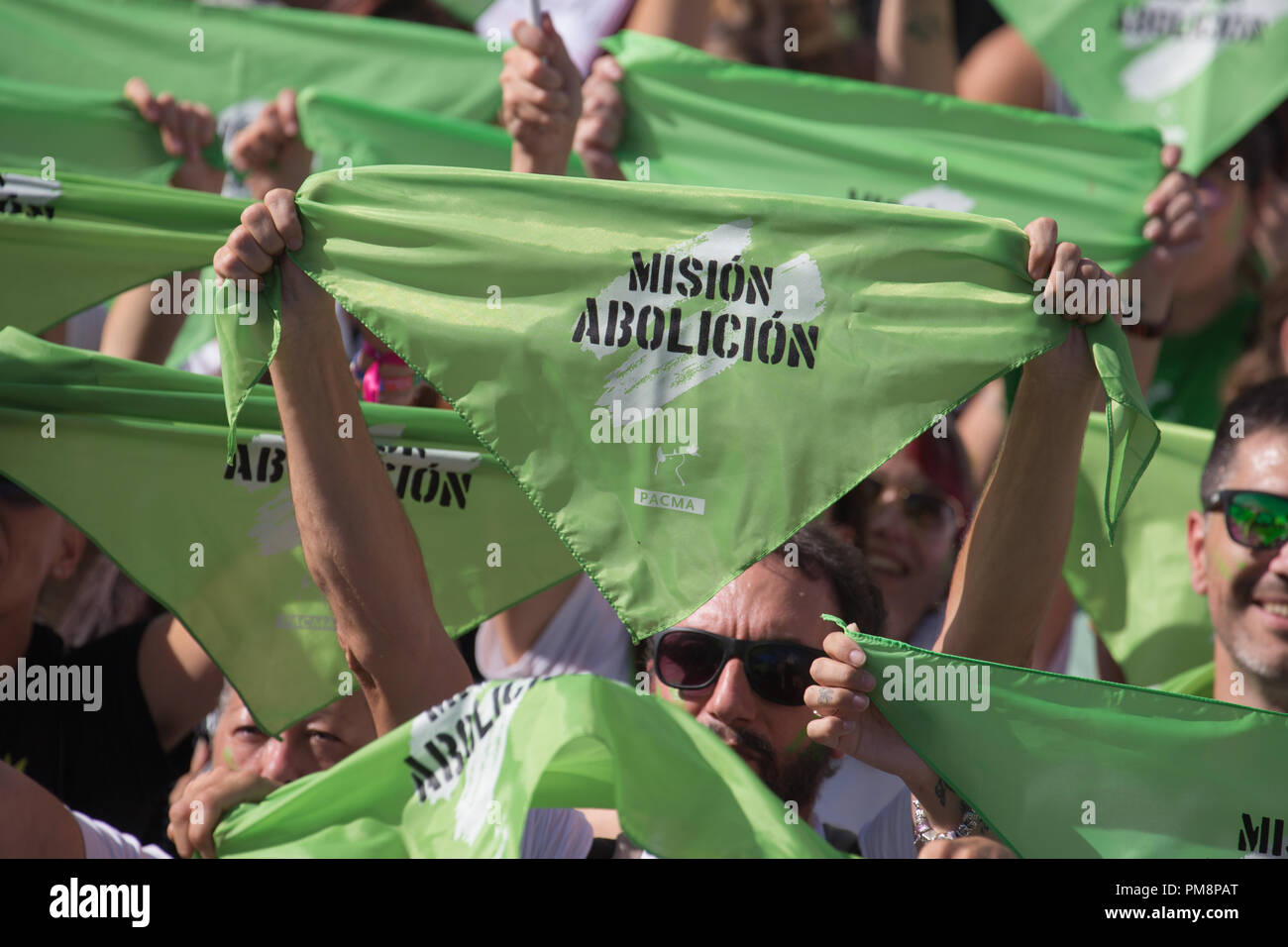 Sollevate i fazzoletti da naso o da taschino in Puerta del Sol contro la  corrida. Migliaia di attivisti dimostrare per chiedere la fine della  corrida in Madrid. La dimostrazione è iniziata con