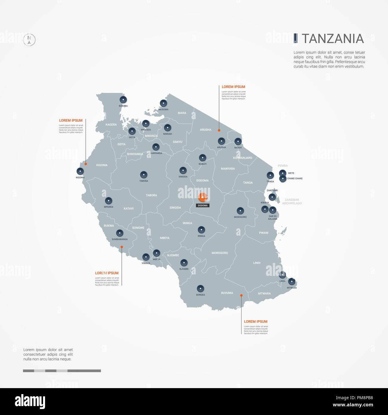 Tanzania mappa con le frontiere, città capitale e divisioni amministrative. Infografico mappa vettoriale. Livelli modificabili chiaramente etichettati. Illustrazione Vettoriale