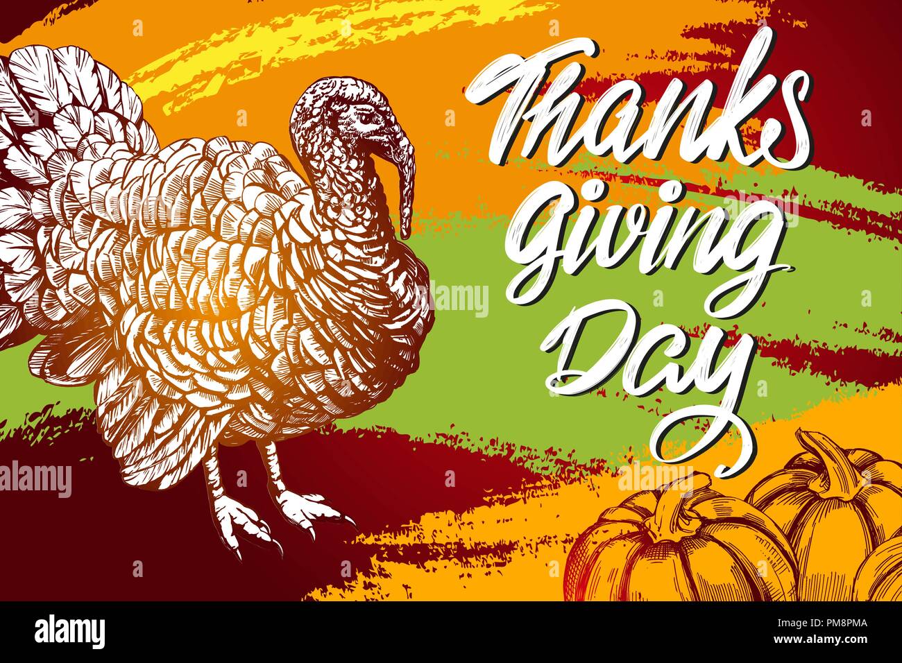 La Giornata del ringraziamento, holiday poster, Turchia fow domestici, calligrafia testo disegnato a mano illustrazione vettoriale schizzo Illustrazione Vettoriale