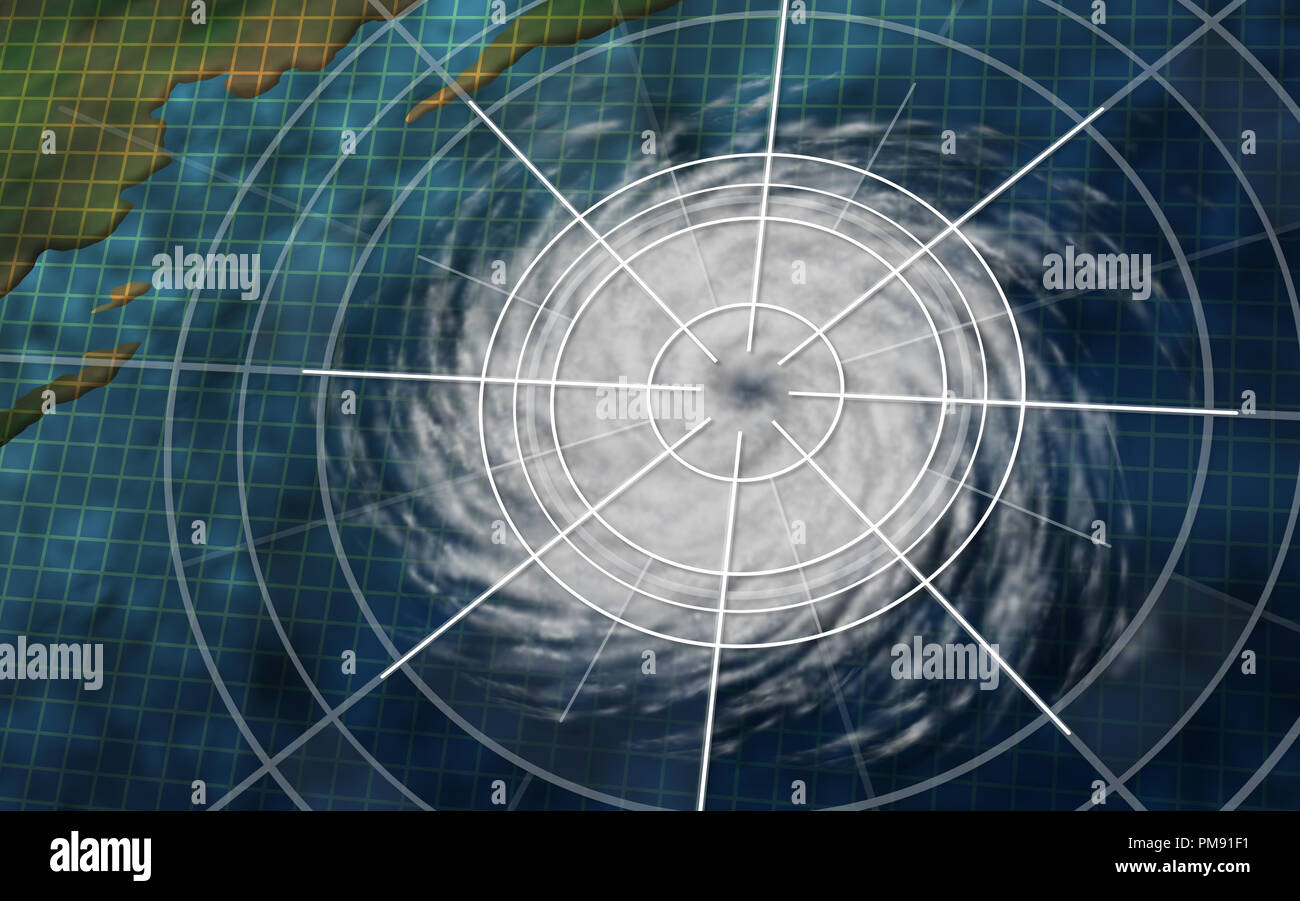 Uragano con grafica digitale analisi di monitoraggio grafico come un pericoloso disastro naturale sistema meteo off un oceano costa. Foto Stock