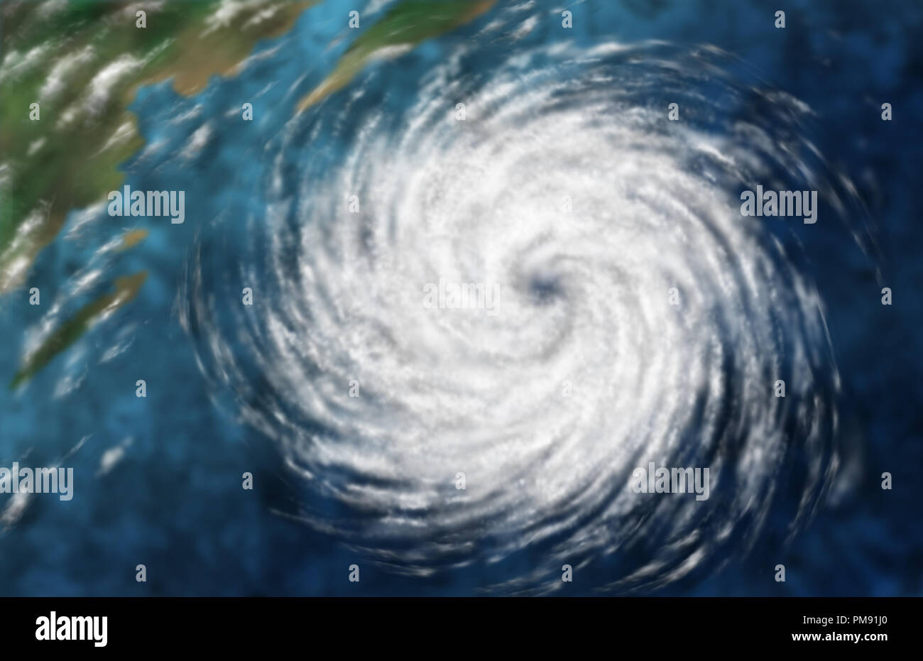 Uragano come una pericolosa catastrofe naturale sistema meteo off un oceano costa in un 3D illustrazione dello stile. Foto Stock
