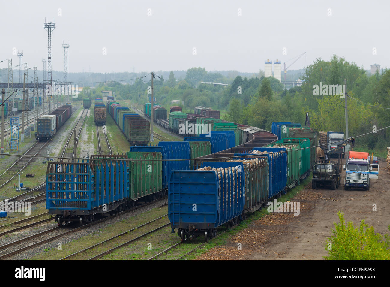 Lo scarico dei carri con il legname sullo sfondo dei treni merci in piedi sui binari ferroviari di trasporto hub. Paesaggio industriale. Top vie Foto Stock