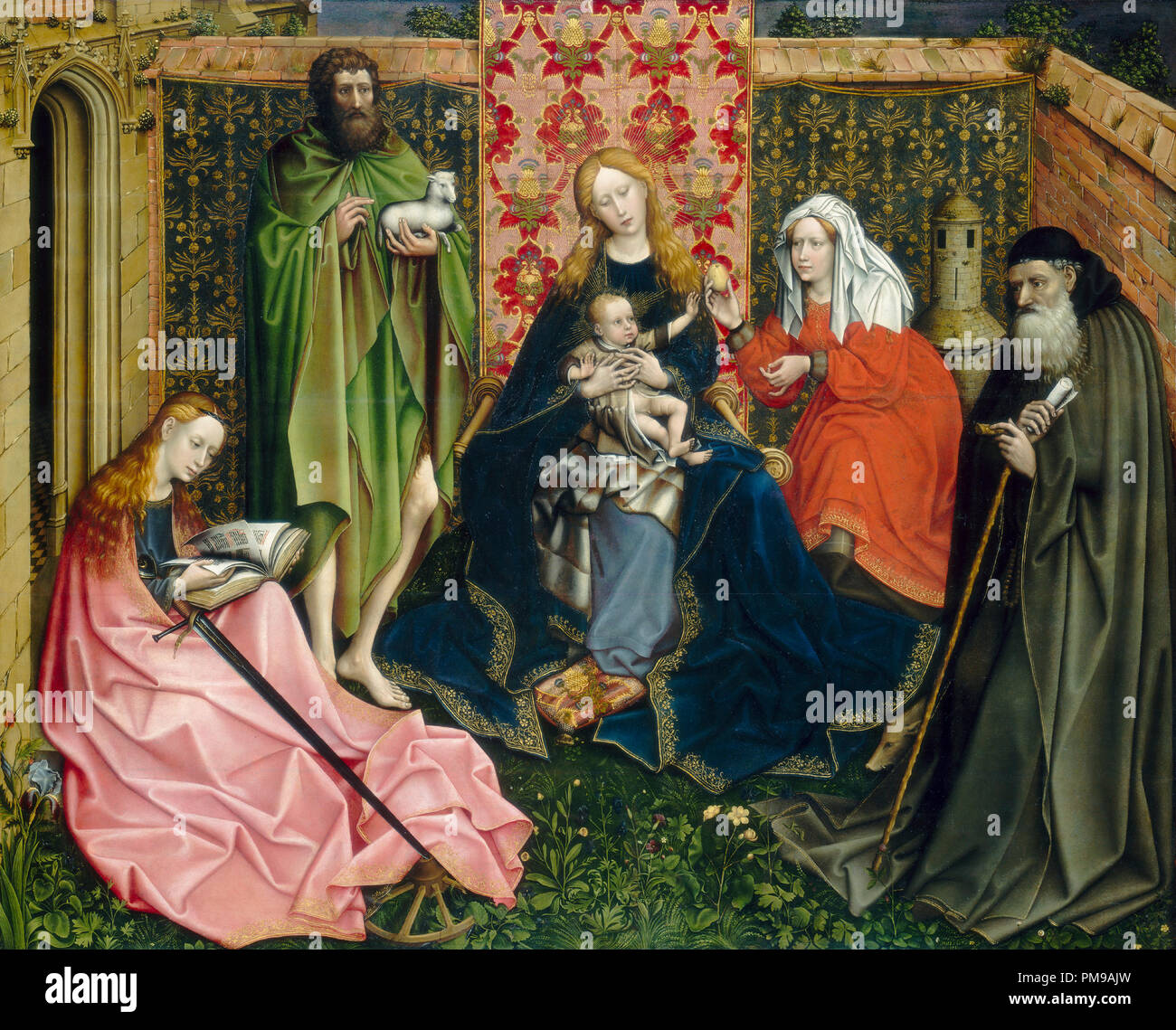 Madonna con Bambino e Santi nel giardino recintato. Data: c. 1440/1460. Dimensioni: superficie dipinta: 119,8 x 148,5 cm (47 3/16 x 58 7/16 in.) in generale (pannello): 122.2 x 151.2 cm (48 1/8 x 59 1/2 in.) incorniciato: 138,7 x 166,7 x 9,5 cm (54 5/8 x 65 5/8 x 3 3/4 in.). Medium: olio su pannello. Museo: National Gallery of Art di Washington DC. Autore: seguace di Robert Campin. Netherlandish master. Foto Stock