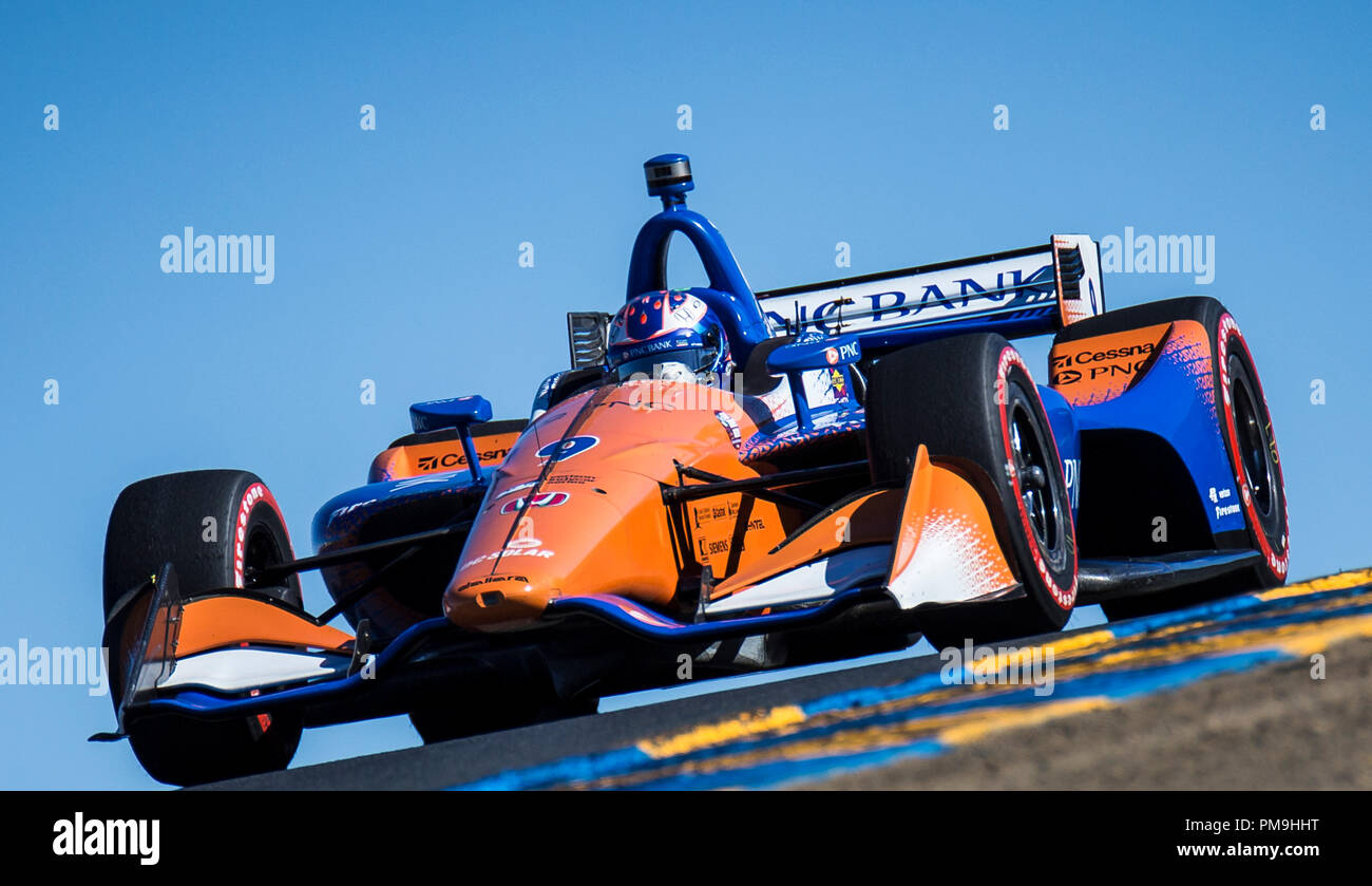 A Sonoma, CA, Stati Uniti d'America. Xvi Sep, 2018. A : Chip Ganassi Racing driver Scott Dixon (9) della Nuova Zelanda prende il 2° posto su tutte Verizon Campionato Indycar vincitore durante la GoPro Grand Prix di Sonoma Verizon Campionato Indycar di Sonoma Raceway Sonoma, CA Thurman James/CSM/Alamy Live News Foto Stock