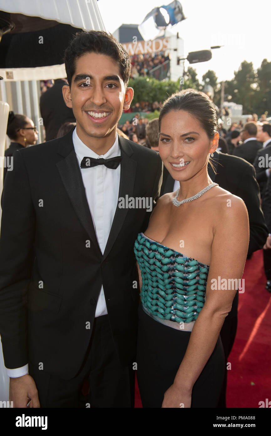Attori Dev Patel and Olivia Munn frequentare il settantesimo Annuale di Golden Globe Awards presso il Beverly Hilton di Beverly Hills, CA domenica 13 gennaio, 2013. Foto Stock