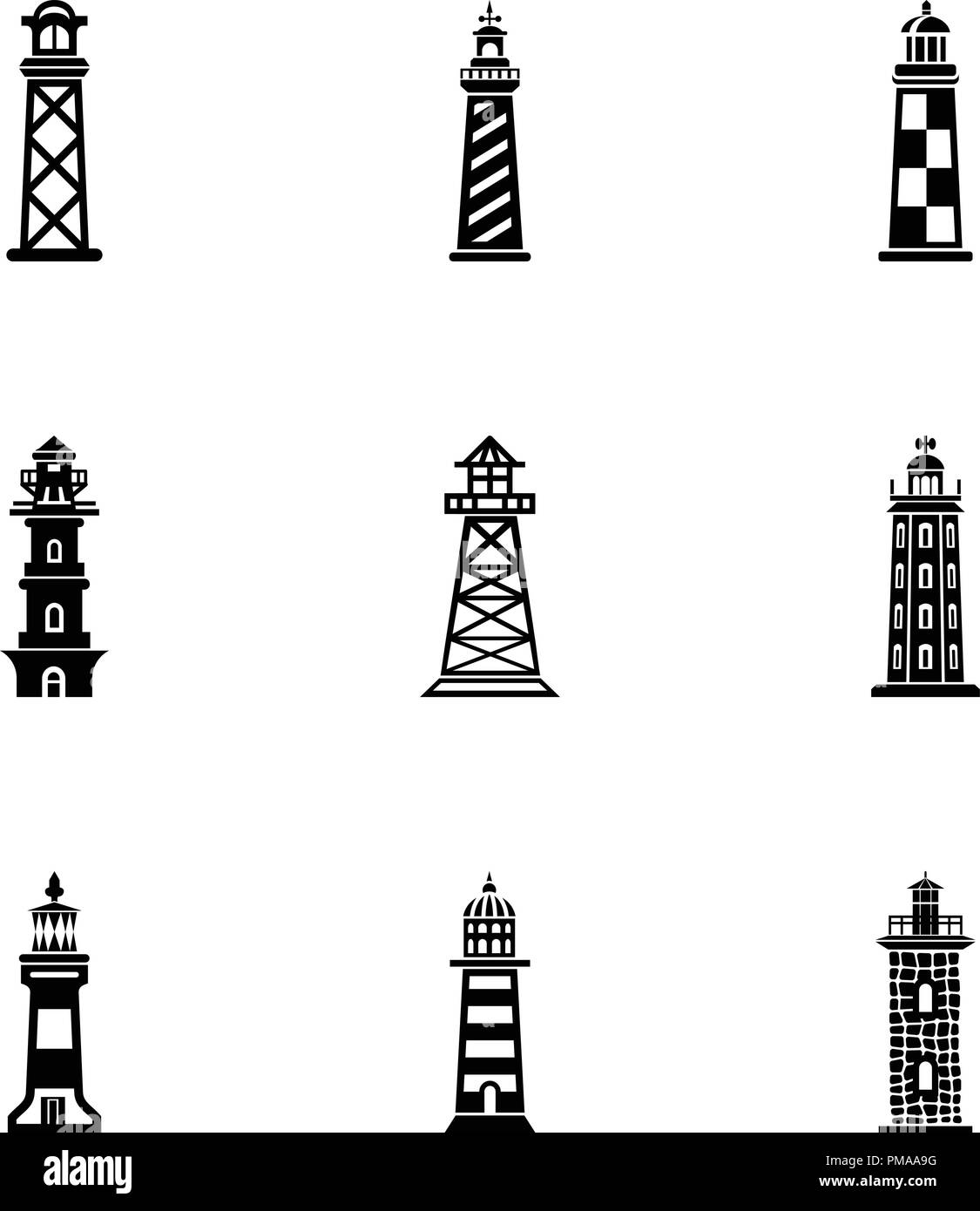 Faro costiero set di icone, stile semplice Illustrazione Vettoriale