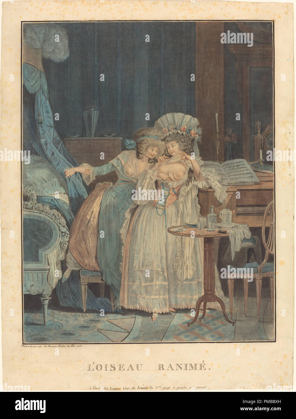 L'Oiseau ranime. Data: 1787. Medio: acquatinta a colori. Museo: National Gallery of Art di Washington DC. Autore: Philibert-Louis Debucourt. Foto Stock