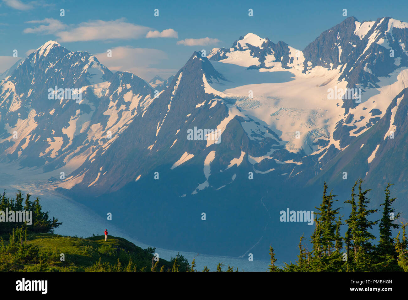 Viaggio zaino in spalla per il Ghiacciaio Spencer banco, Chugach National Forest, Alaska. Foto Stock