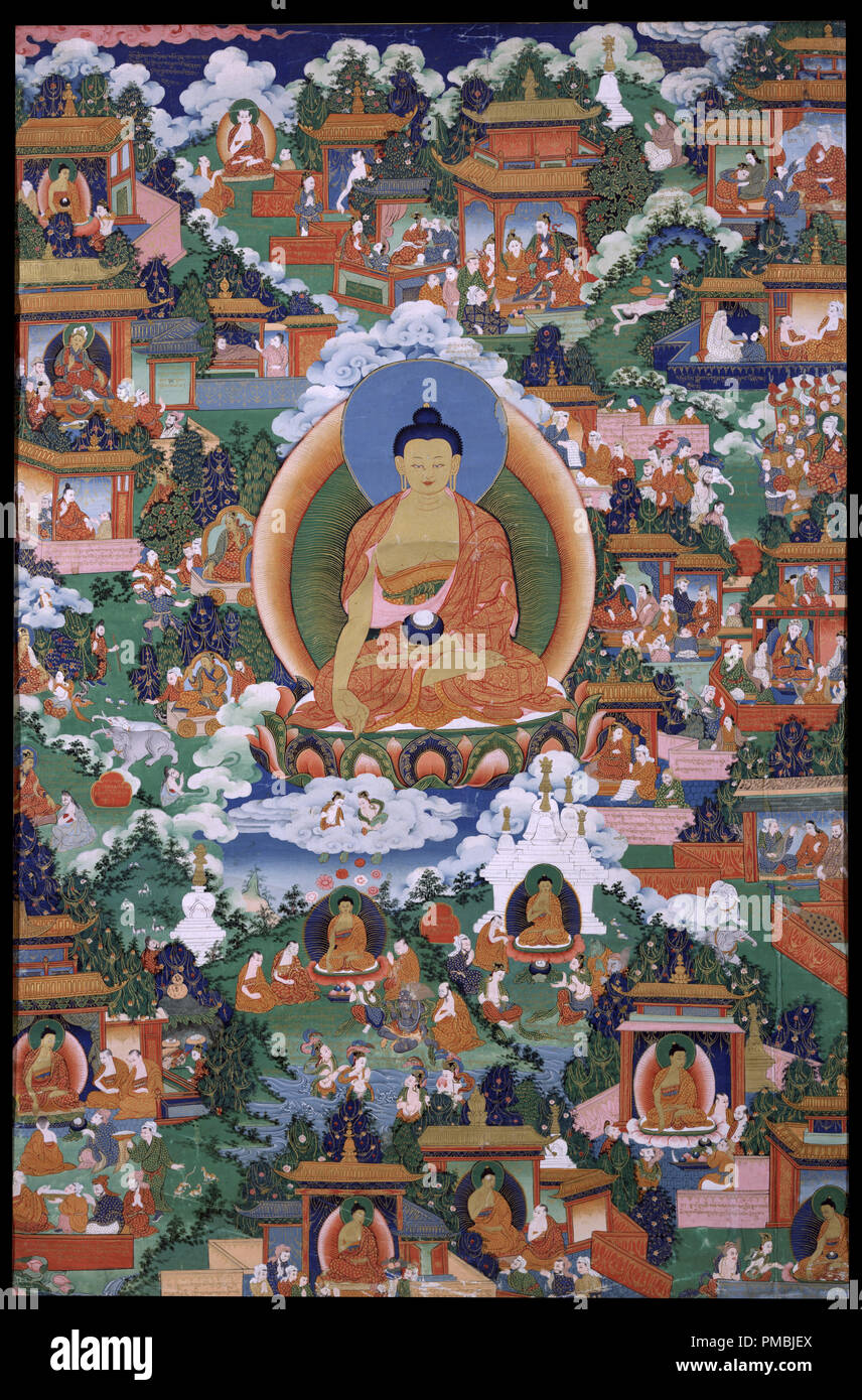 Buddha Shakyamuni con legenda Avadana scene. Data/Periodo: del XIX secolo. La pittura. I pigmenti su tela pigmenti su tela. Altezza: 854.07 mm (33.62 in); larghezza: 565.15 mm (22.25 in). Autore: Sconosciuto. Foto Stock