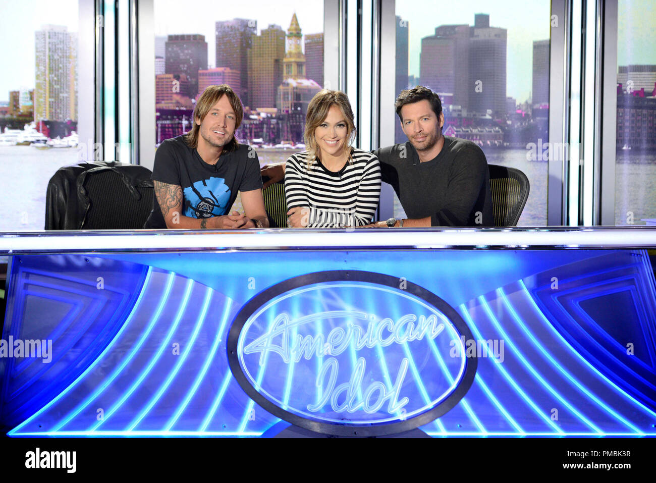 AMERICAN IDOL XIII: L-R: Keith Urban,Jennifer Lopez e Harry Connick Jr Foto Stock