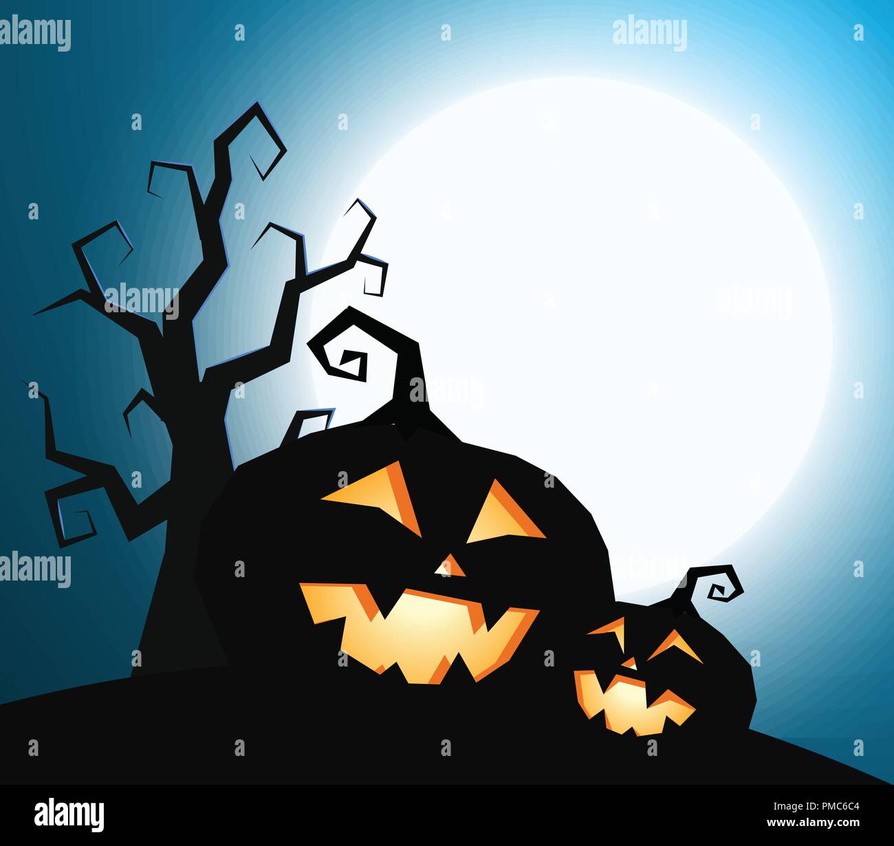 Zucche silhouette con albero secco sul cielo blu scuro dello sfondo con la luna piena luce, illustrazione vettoriale. Happy Holiday modello di pagina di intestazione con il testo posto. Illustrazione Vettoriale
