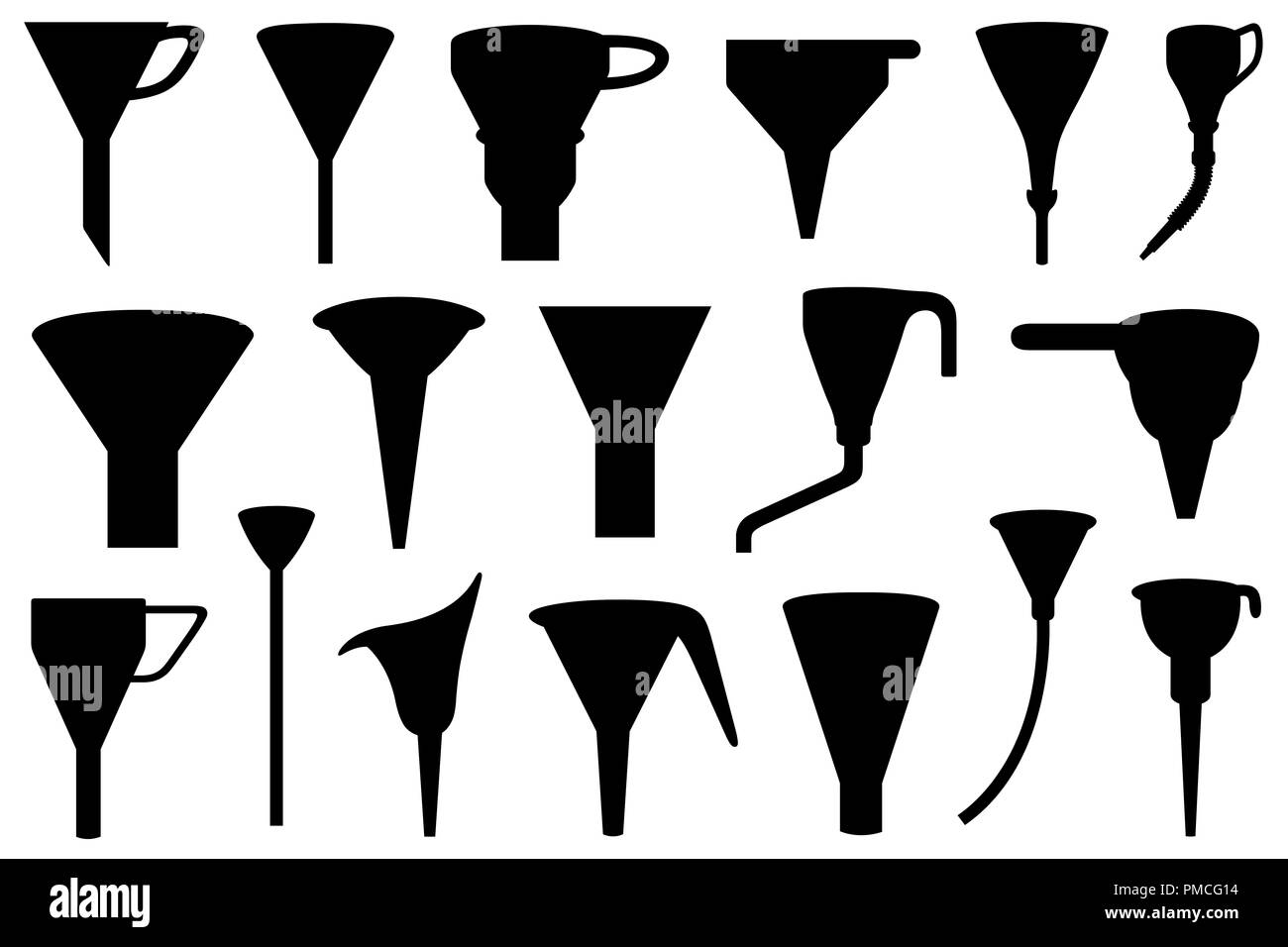 Set di imbuti differenti isolati su bianco Foto Stock