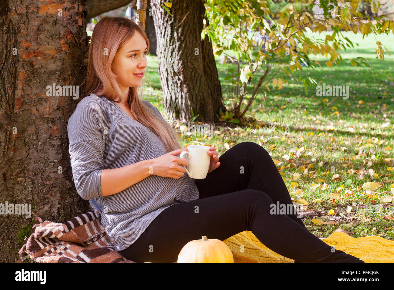 Donna incinta di riposo in un parco di autunno Foto Stock