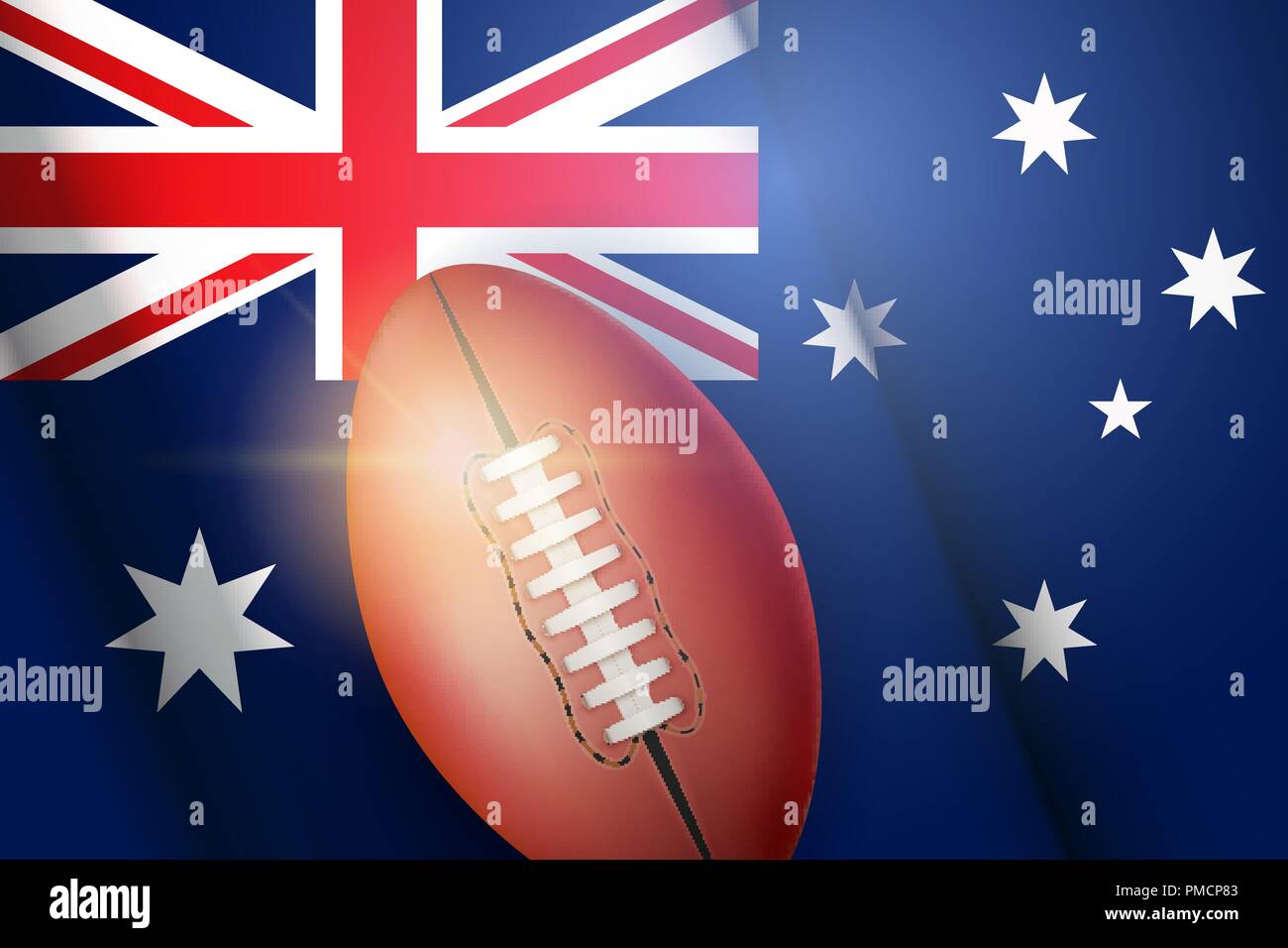 Poster di football australiano sfera sulla bandiera australiana sfondo. Calcio e giochi di calcio. Attrezzature sportive e squadre. Illustrazione Vettoriale Illustrazione Vettoriale