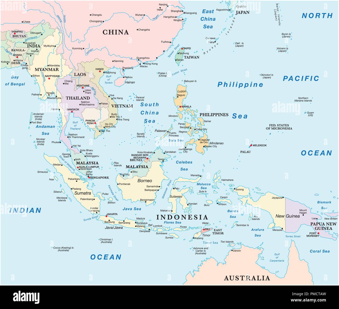 Mappa vettoriale degli stati del sud-est asiatico. Illustrazione Vettoriale