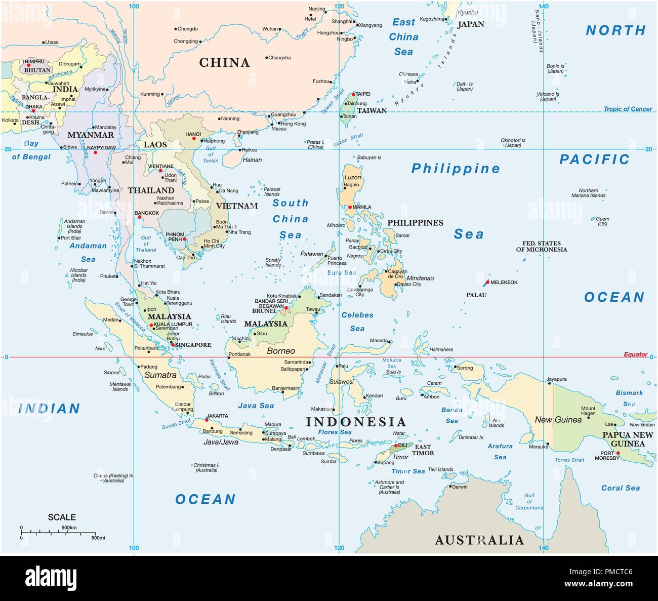 Southeast Asia Mappa vettoriale con coordinate e scala. Illustrazione Vettoriale