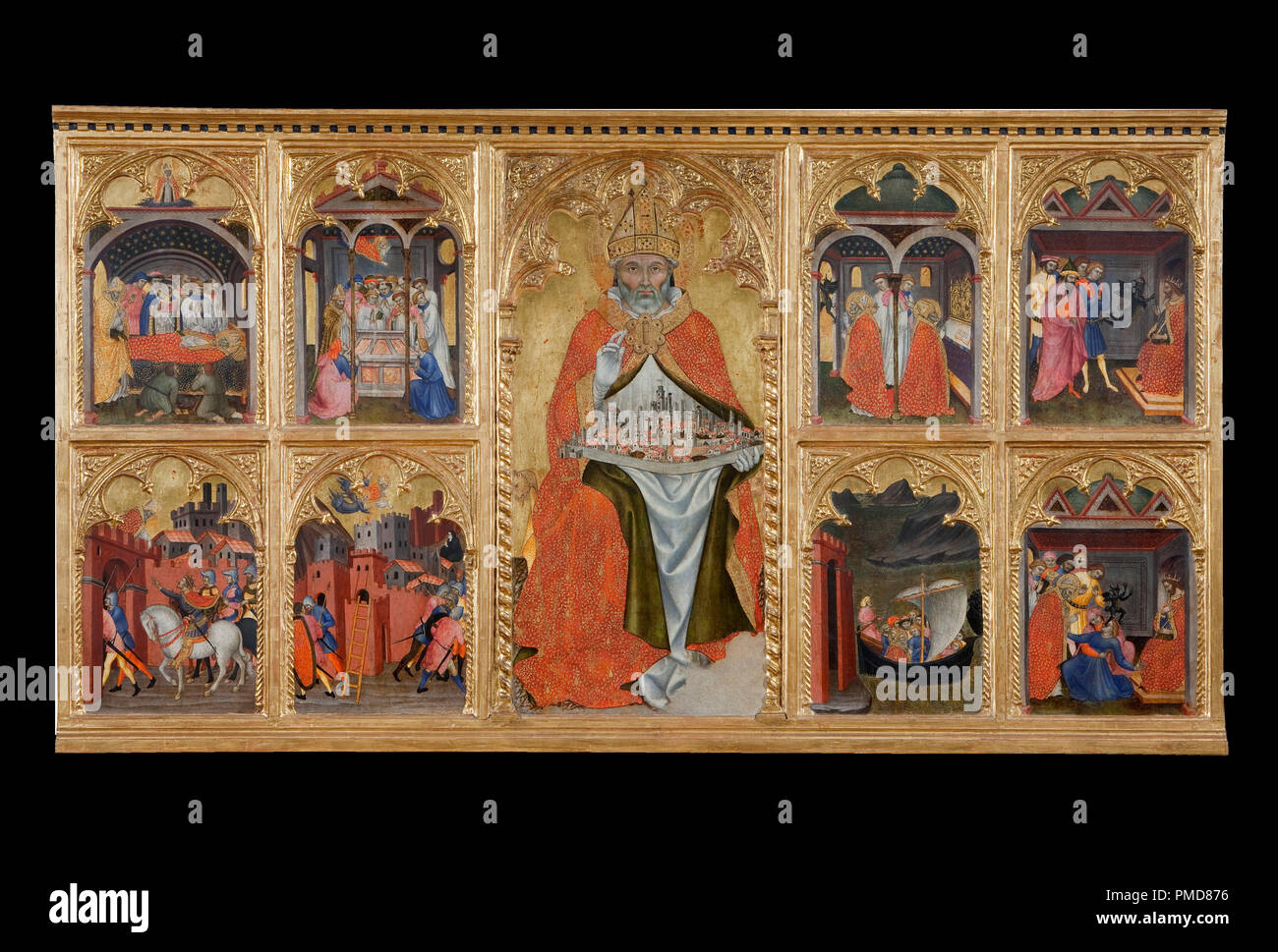 San Gimignano in trono con otto storie della sua vita. Data/Periodo: 1401. Tempera su pannello. Autore: Taddeo di Bartolo. Foto Stock