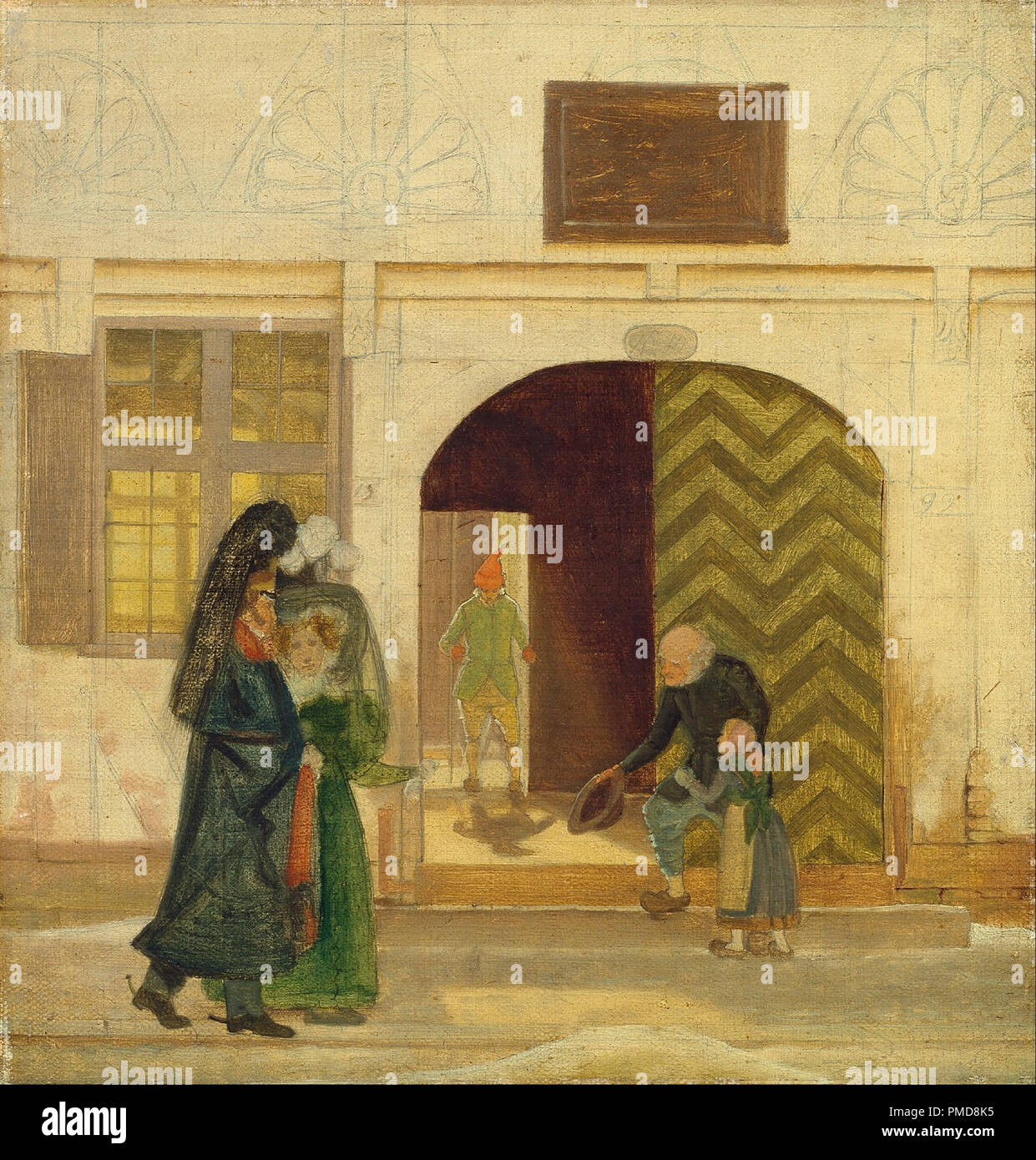 Al di fuori dell'Odense ospizio per i poveri. Data/Periodo: 1831. La pittura. Larghezza: 26,3 cm. Altezza: 27,5 cm. Autore: Wilhelm Bendz. Foto Stock