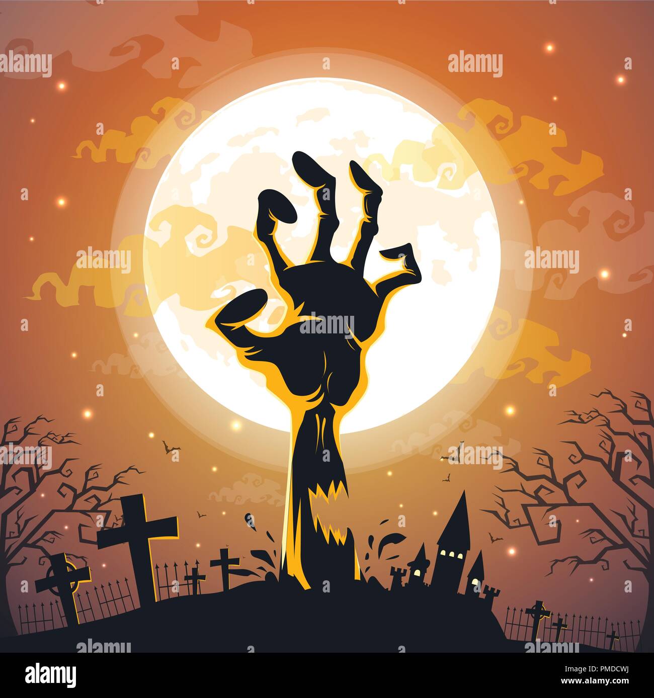 Sfondo di Halloween con mani zombie sulla luna piena. Illustrazione Vettoriale