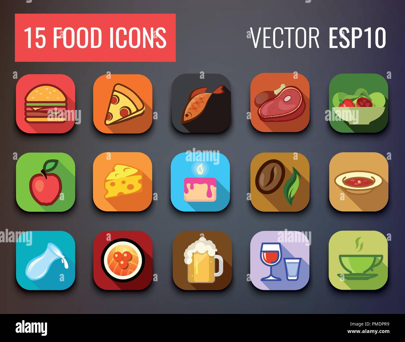 Cibo set di icone per visualizzare il menu di Cafe e ristorante. Illustrazione Vettoriale