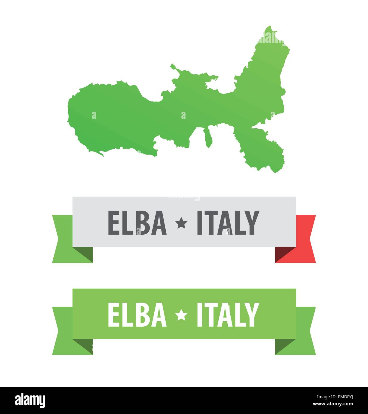 Set di nastri con Elba, Italia didascalia e mappa di Isola d'Elba in Italia. Progettazione di vettore di elementi isolati su bianco. Illustrazione Vettoriale